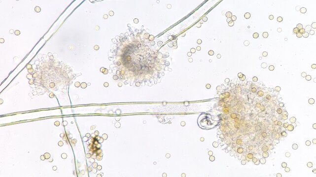 Mold species (Aspergillus sp) under microscope. Fresh sample whithout staining. Stacked image