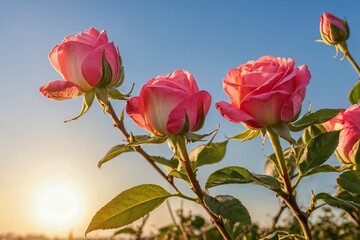 Obraz premium Pink roses bloom at sunrise. Beautiful nature background