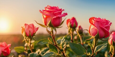 Pink roses bloom at sunrise. Beautiful nature background