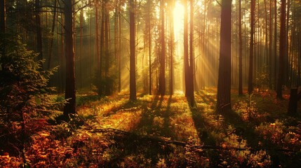 Obraz premium Serene Sunlit Forest Clearing with Stream