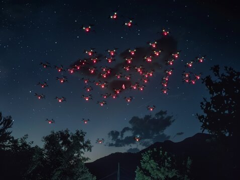 Lit up drones during an air show with red and blue lights for the forth of July.