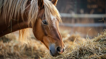 Spanish domestic horse with brown coat and blonde mane in pigtails feeding on hay in a farm field