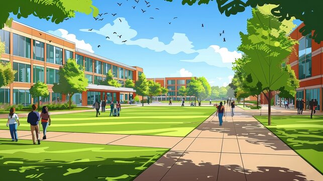 Lively university campus with students - Bright and animated university campus scenery with students walking and engaging