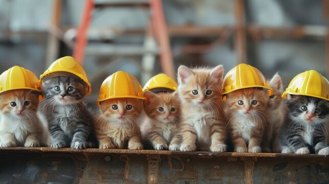 Kittens with yellow construction helmets - Five cute kittens with yellow helmets at an industrial construction site