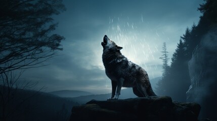 predator wolf howl moonlit night mountain dark forest.