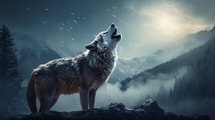 predator wolf howl moonlit night mountain dark forest.