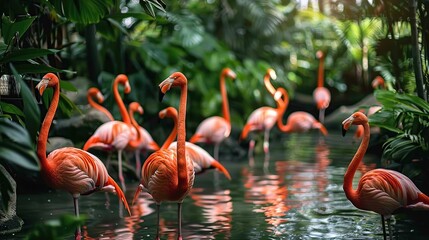 Pink long legs flamingo birds in a pond. Generative Ai - Powered by Adobe