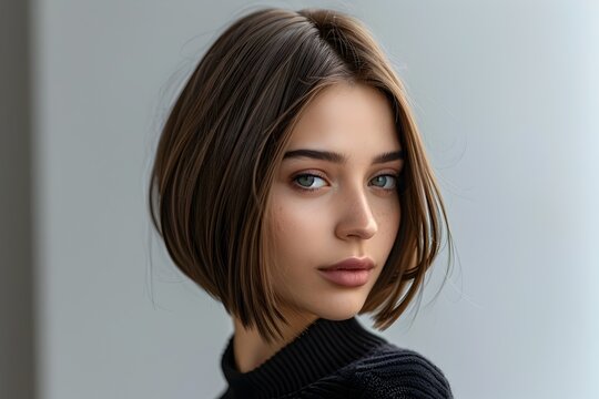 Striking Portrait of Woman with Asymmetrical Bob Hairstyle Emphasizing Sharp Lines and Angles