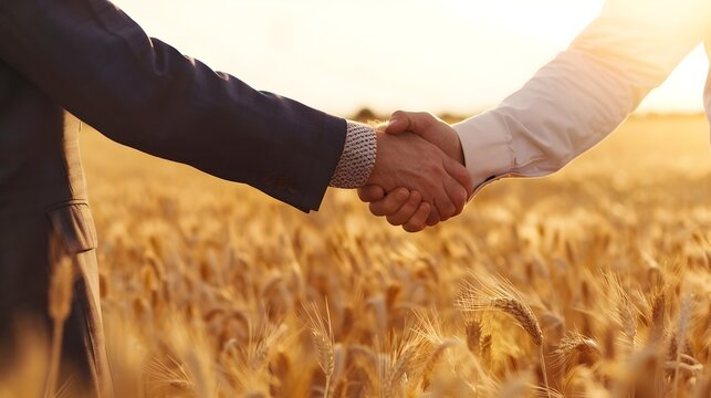 Businessperson in Suit Shaking Hands with Farmer in Wheat Field Highlighting Economic