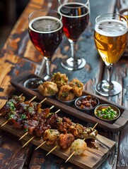 Wooden Platter of Appetizers and Beer Pairing for Gourmet Dining Experience