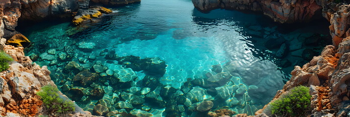8k, panorama, Top view widescreen of Seascape The wonders of the Galapagos ecosystem, A tropical underwater scene with fish, coral reefs, and a diver in the blue ocean