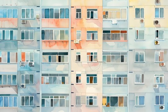 Uniform Residential Blocks Under Overcast Skies in Muted Watercolor
