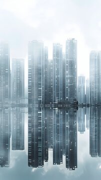 Uniform Urban Skyline with Identical Futuristic Skyscrapers Reflecting in Serene Water