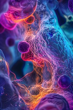 Vibrant Microscopic View of Glowing Cancer Cells in the Lungs