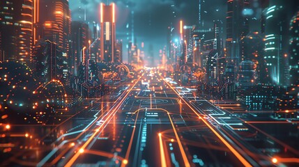Fototapeta premium Close-Up of Smart City Infrastructure: Futuristic Innovations for Urban Living, Overlay layers with city background and holograms of technology icons are in the foreground, intersected by glowing