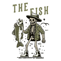 Skeleton Fish Vintage T-Shirt Design, Retro Illustration with Hat for Vintage Fashion