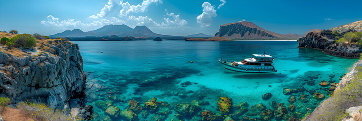 8k, panorama, Top view widescreen of Seascape The wonders of the Galapagos ecosystem, A tropical underwater scene with fish, coral reefs, and a diver in the blue ocean