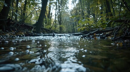 Fototapeta premium Woodland and untouched submerged woodland woodland flowing stream stream water