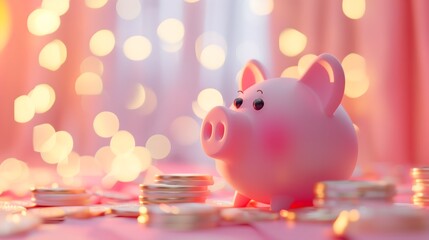 Finance - A pink piggy bank surrounded by coins, set against a bokeh-lit background, giving a festive feel