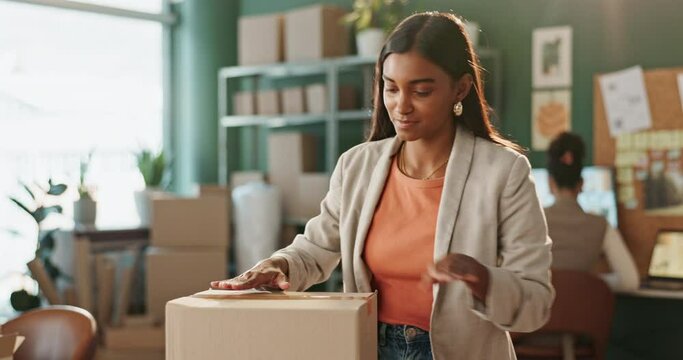 Woman, box and tape in office for business, staff and package or retail order for delivery or shipping. Startup, prepare product and seal for courier, seller and stock for service in supply chain
