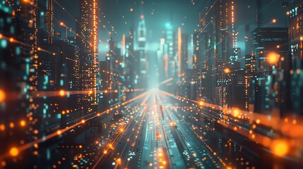 Close-Up of Coding Bootcamp Innovations: Accelerating Tech Careers with Intensive Training, Overlay layers with city background and holograms of technology icons are in the foreground, intersected by