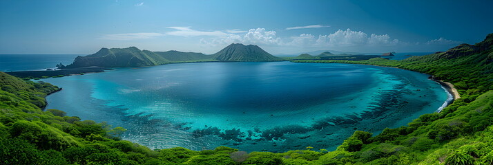 8k, panorama, Top view widescreen of Seascape The wonders of the Galapagos ecosystem, A tropical underwater scene with fish, coral reefs, and a diver in the blue ocean