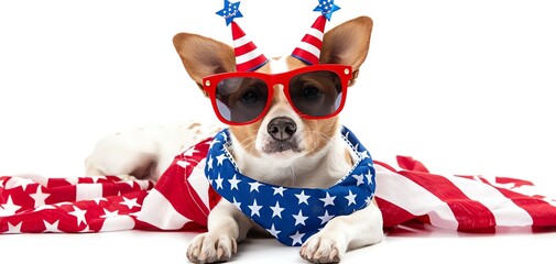 Cute dog wearing patriotic sunglasses and hat, wrapped in American flag, celebrating Independence Day. Perfect for festive and holiday themes.