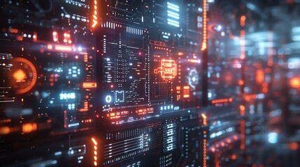 Obraz premium Fish Close-Up: Vibrant Underwater Worlds in Futuristic Detail, Overlay layers with city background and holograms of technology icons are in the foreground, intersected by glowing neon lines,