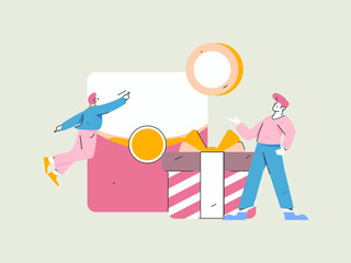 Use red envelopes to attract new customers and promote activity. Flat vector character concept illustration
