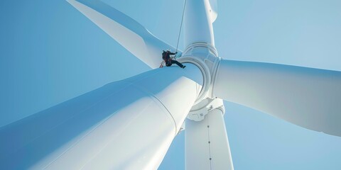 A photorealistic depiction of a wind turbine technician rappelling down generated by AI