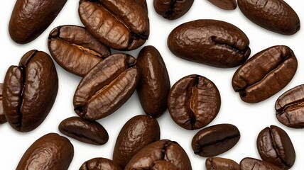 Obraz premium Coffee beans scattered on a white background
