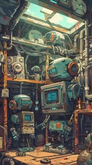 A playful illustration of a robot family conducting household maintenance chores together generated by AI