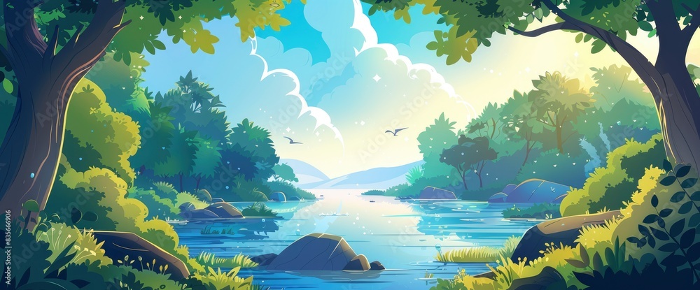 Wall mural abstract representation of energy conservation in a natural setting, cartoon style, background