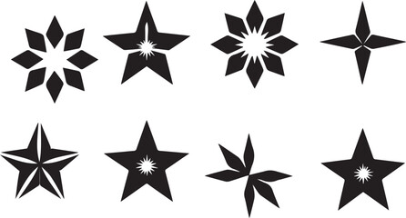 Fototapeta premium Minimalist silhouette stars icon, twinkle star shape symbols. Modern geometric elements, shining star icons, abstract sparkle black silhouettes symbol vector set, illustration 