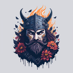 Norse warrior with flowers, representing honor, strength, and the power of god Odin.