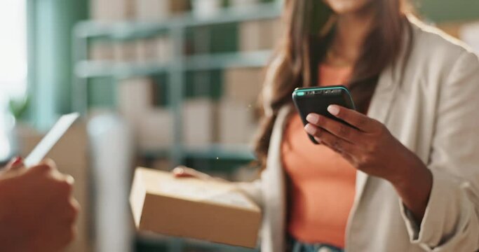 Hands, distribution and card for online payment for parcel as e commerce, shopping and express for customer service. People, tap POS and client with purchase order for package process as business