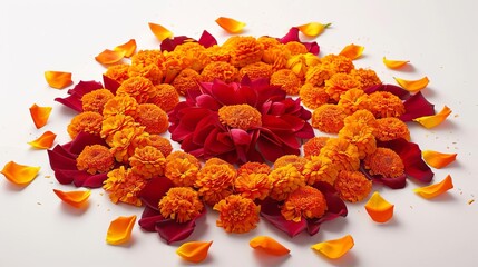 A vibrant side view of a traditional flower rangoli for Diwali