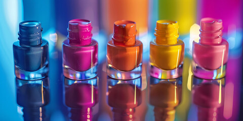 Vibrant nail polish bottles on reflective surface with differnt colour background