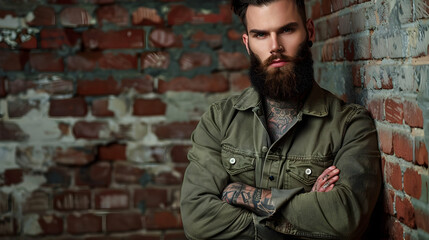 A male model with a full beard and tattoos, dressed in urban streetwear, leaning casually against a brick wall in a studio with moody, dim lighting