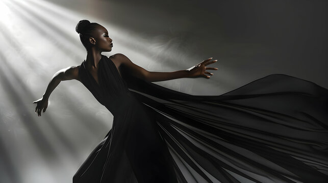 A fashion model in a sleek black dress, captured in a dynamic pose with wind effects, the studio lighting creating sharp contrasts and dramatic shadows
