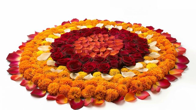 A vibrant side view of a traditional flower rangoli for Diwali