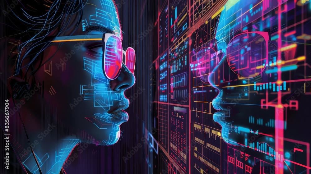 Poster digital network with face and blank space - abstract digital interface with silhouette face profile 