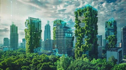 Obraz premium A futuristic city with eco-friendly skyscrapers covered in greenery, showcasing advanced urban design and sustainable architecture.