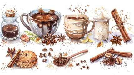 Coffee Spice Watercolor Set with Cinnamon Tea Anise Grains and Sugar for Cafe Shop Baked Goods and Drinks on White Background