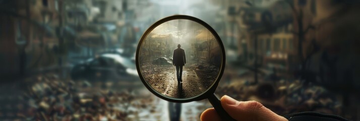 Detective theme with magnifying glass - Atmospheric image depicting a magnifying glass focusing on a silhouetted figure in a foggy alley