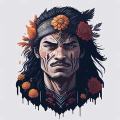 Honorable Aztec warrior, vivid feathers, and colorful tribal tattoos.