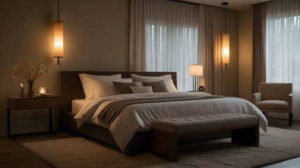 bedroom in hotel,contemporary hotel room, deluxe hotel room, hotel room atmosphere, hotel room service