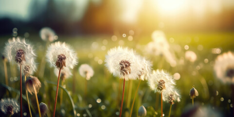 Dandelions in meadow. Field of dandelions on a sunny summer day. Beautiful summer nature background