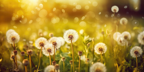 Field of dandelions on a sunny summer day. White dandelion flowers in the green grass in the meadow. Beautiful summer nature background