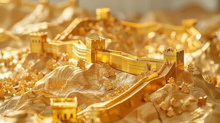 Gold sheet origami Great Wall of China A miniature Great Wall of China made from gold sheet, displaying its winding path and watchtowers
